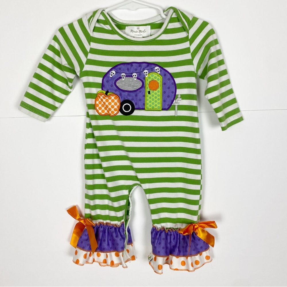 Marie Nicole Striped Green White Long Sleeve Jumpsuit size 3-6 Months